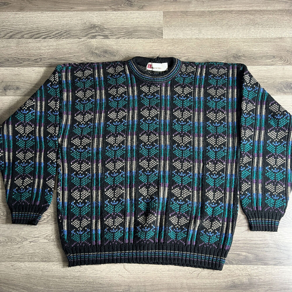 VTG Palermo Sweater Fits Medium Colorful Distressed Acrylic 1990s Made in USA‎